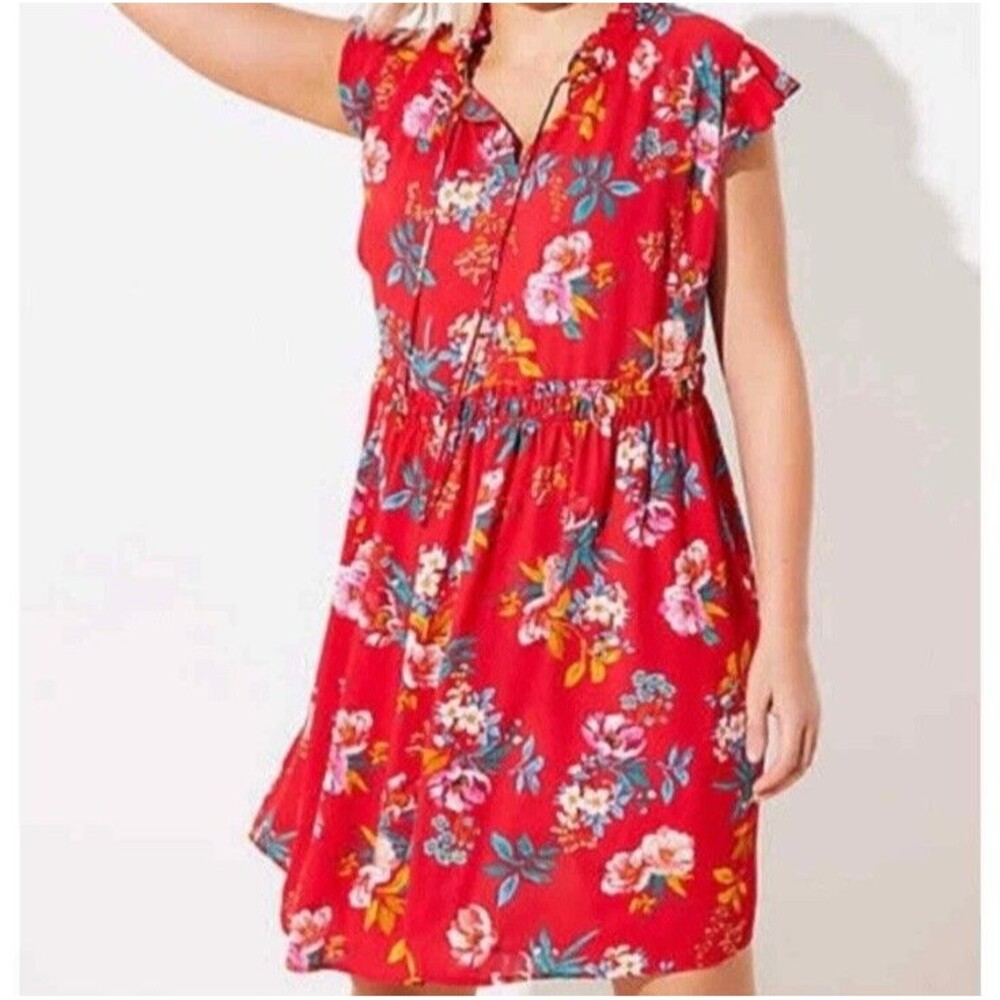 LOFT Red Floral Print Ruffle Sleeve Tie Neck Dress L Drop Waist Lined Pockets